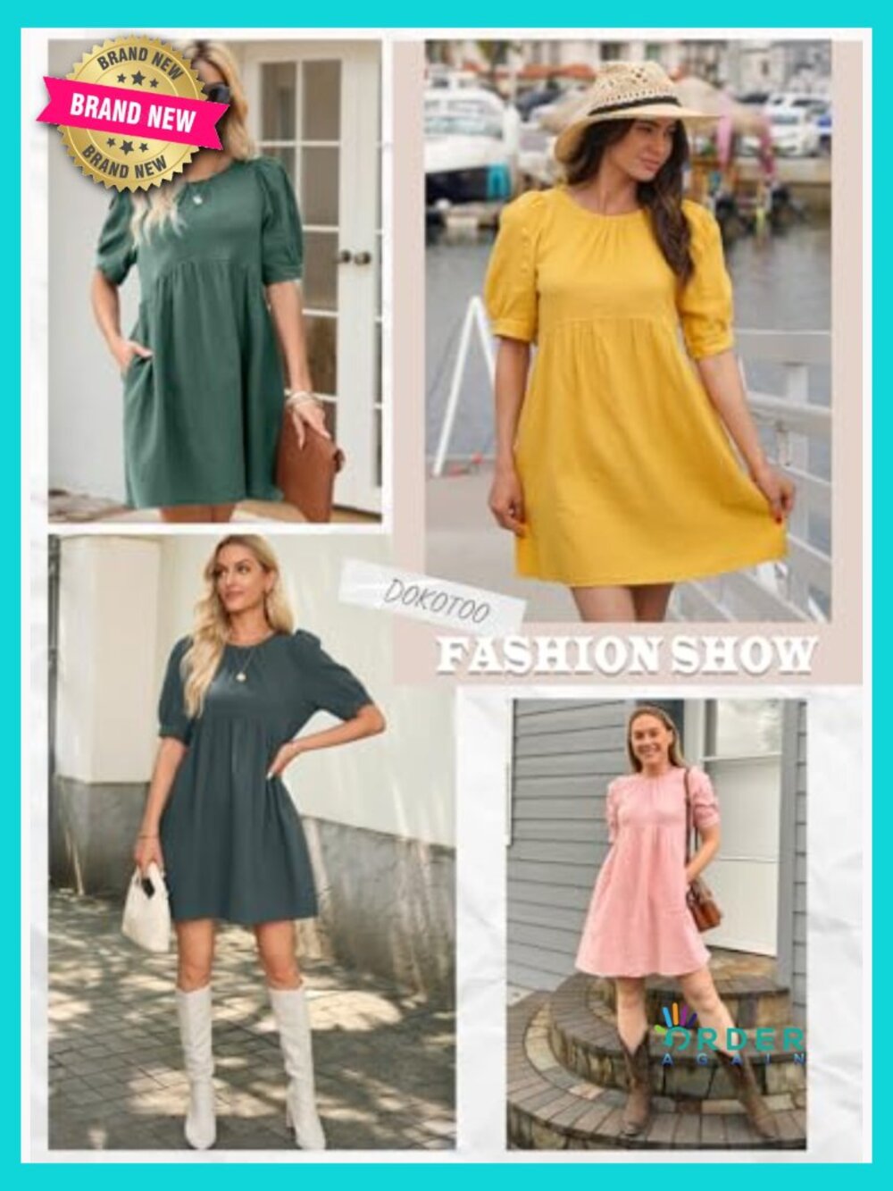 Puff Sleeve Empire Waist Mini Swing Dress with Pockets Elegant Casual - Picture 6 of 7